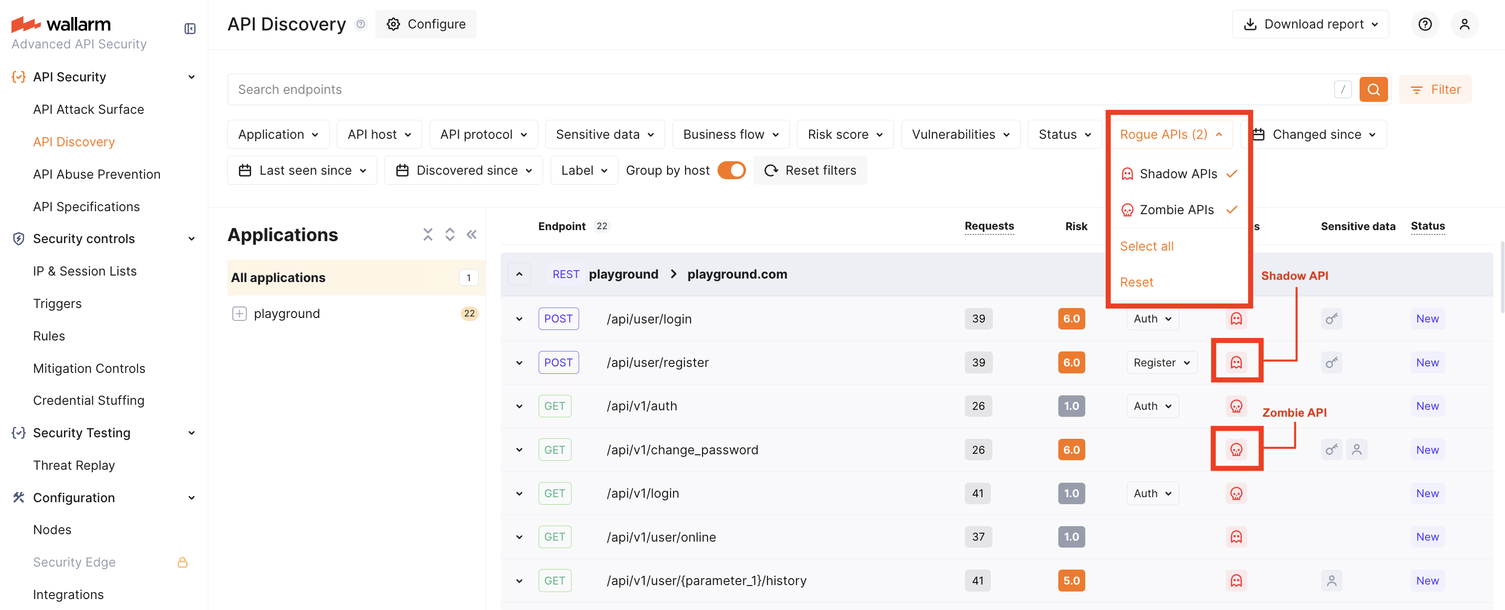 API Discovery - highlighting and filtering rogue API