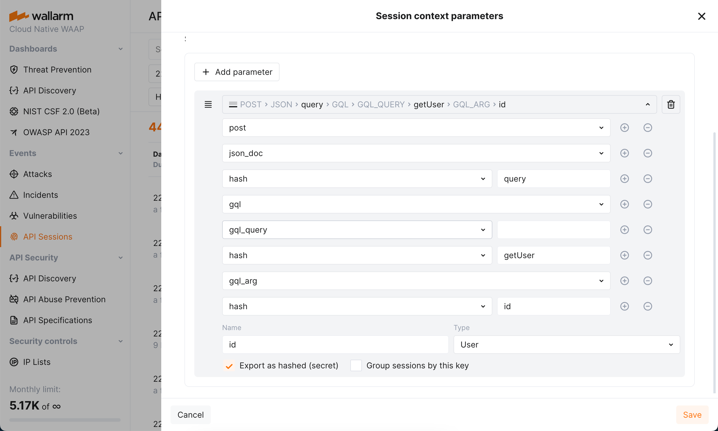 !API Sessions configuration - GraphQL request parameter