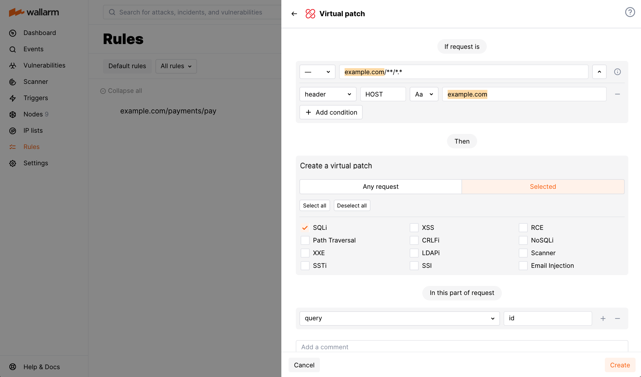 Virtual patch for a certain request type